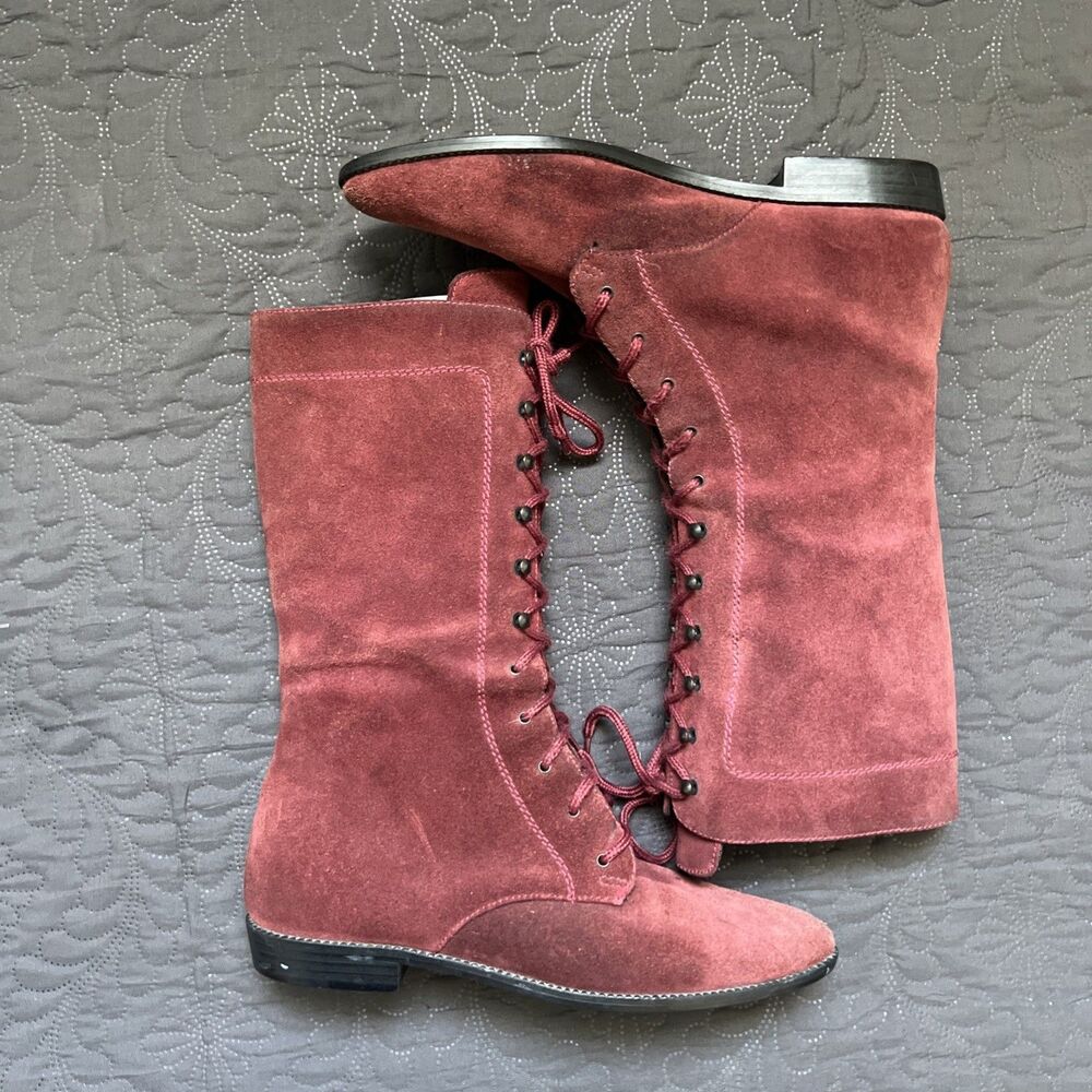 Mixed Blues Rare Vintage Granny Boots Womens 8M Maroon Suede Leather Lace Up Y2K